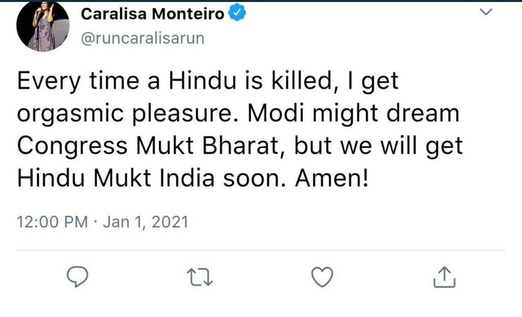 Screengrab of the fake anti-hindu tweet that is attributed to Caralisa