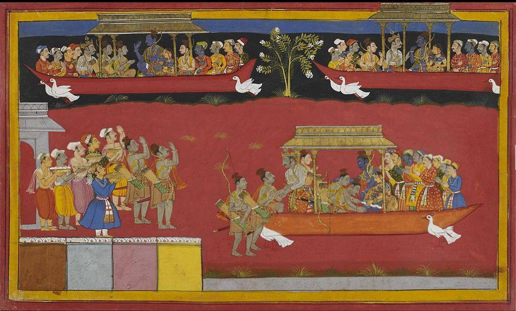 Pushpaka vimana depicted three times, twice flying in the sky and once landed on the ground